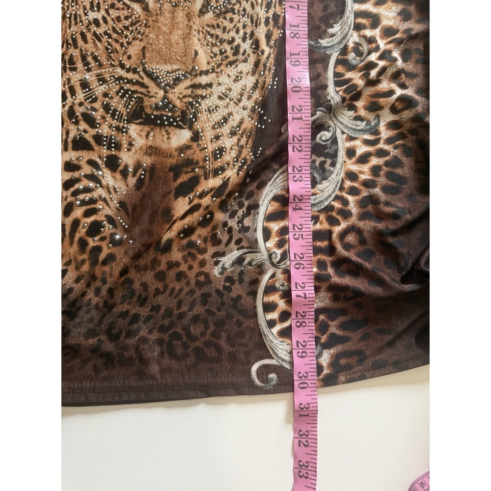 Blossom By P Leopard Tunic Top Rhinestone Bling Slinky Knit Animal Ruched L/XL - Picture 13 of 13